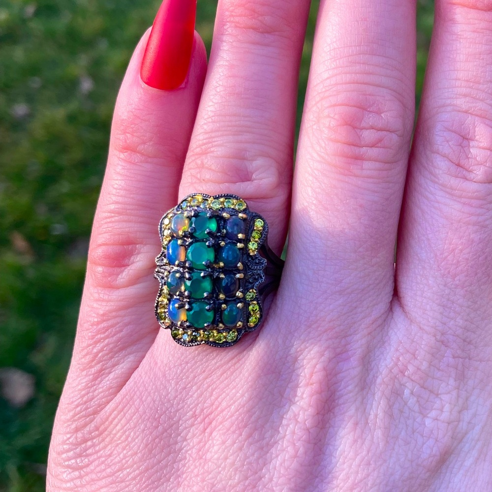 Vintage Art Deco Style Green Onyx & Opal Cluster Ring Sz 6 925 Silver Gold - Picture 4 of 8
